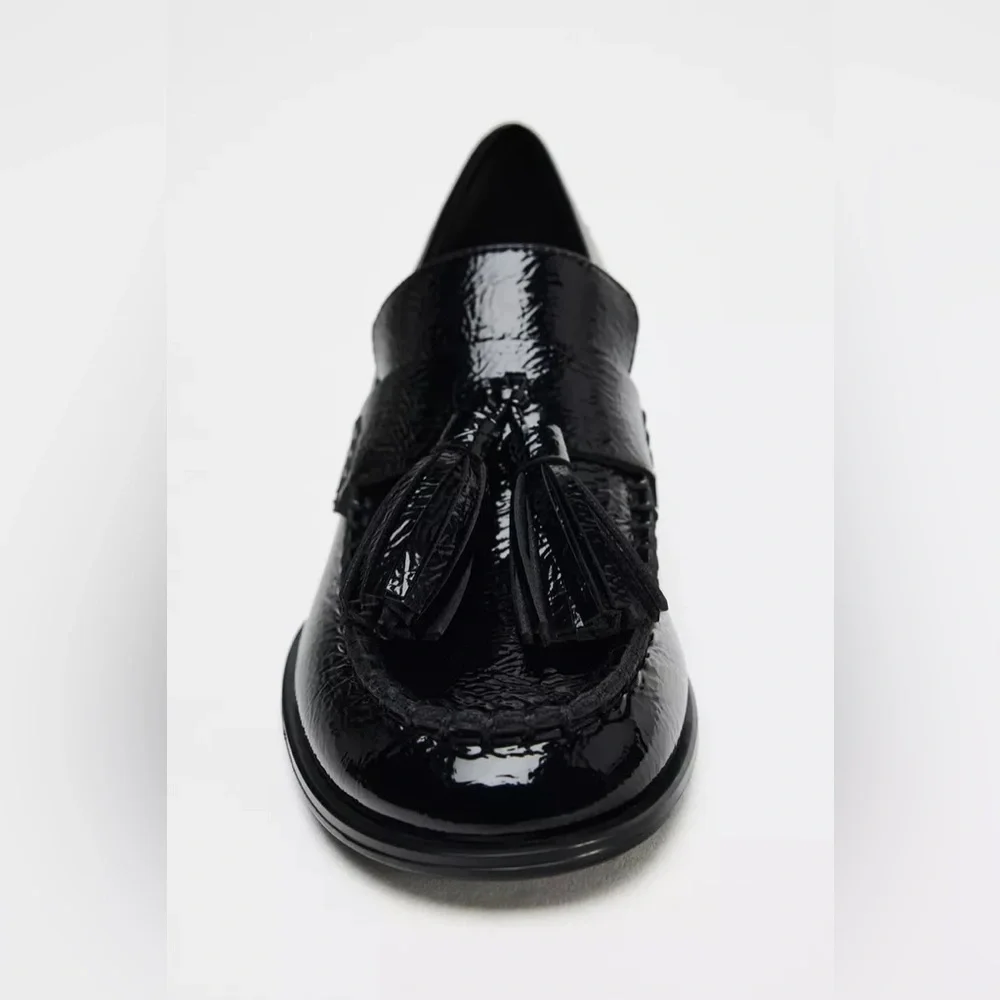 Zara | FAUX PATENT TASSELED LOAFERS | Black | Women’s Size 9, 40 - Picture 6 of 7